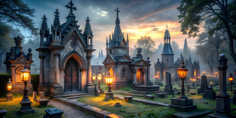 Fototapeta premium a gothic cemetery at twilight with intricately