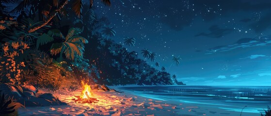 Obraz premium A crackling campfire on a tranquil beach under a starry night sky.