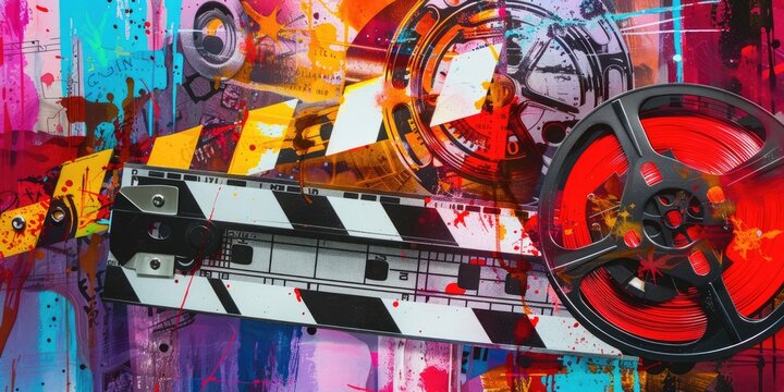 Film reel with clapperboard in a neon lit room.