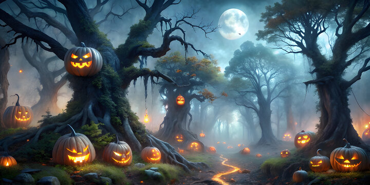 a mist shrouded enchanted forest with ancient gna