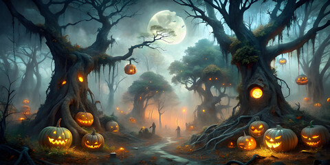 a mist shrouded enchanted forest with ancient gna