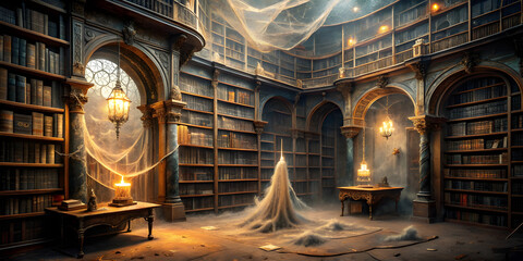 Obraz premium an abandoned Victorian library with cobweb covered