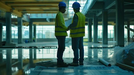 Fototapeta premium Construction Workers Reviewing Blueprints on Site in saudi arabia construction