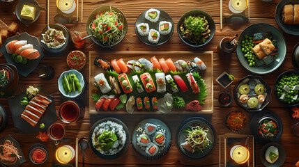 Fototapeta premium Japanese restaurant dinner table spread in top-down view, array of beautifully plated sushi, sashimi, tempura, surrounded, fresh salads, traditional Japanese food