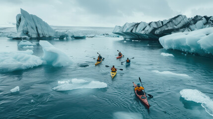 A photograph of a group of kayakers exploring a glacial lagoon, vibrant kayaks dotting the icy blue waters, massive icebergs surrounding them