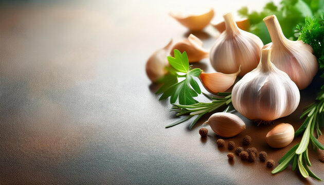 Fresh garlic and herbs on a white background
