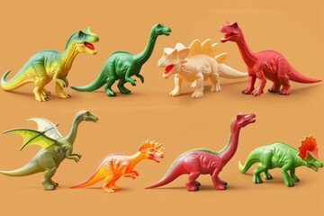 A set of plastic dinosaurs in different poses. Illustration --ar 3:2 --style raw Job ID: 245d997c-78ab-4945-a679-7873b275dcf8