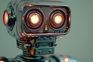 Fototapeta premium A futuristic robot toy made of shiny silver metal with glowing lights and a sleek design. Its bright lights illuminate its surroundings, making it a mesmerizing sight.