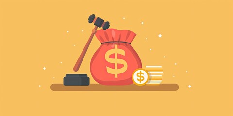 Gavel, money bag, and coins on a table.