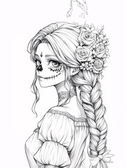 Fototapeta premium A girl with a flowery headband and a skeleton on her face