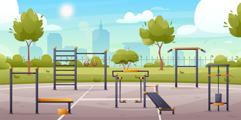 Street workout park. Vector illustration of city public park with sport equipment, nature gym zone, stadium, tree, playground. Outdoor sports area for fitness, strength training. Horizontal web banner
