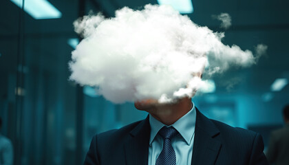 Homme d'affaires avec la tête dans les nuages. Rêveur ou esprit confus. Vision biaisée, sans perspective ou surcharge de travail.