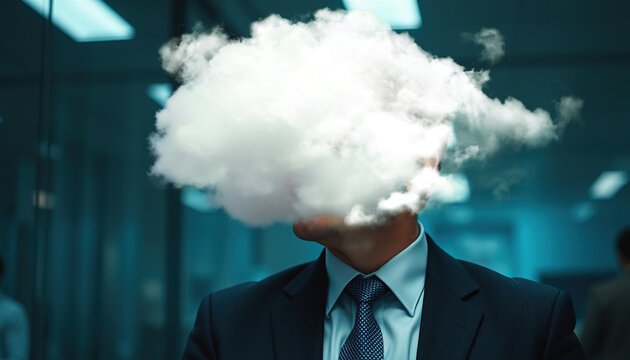 Homme d'affaires avec la t&ecirc;te dans les nuages. R&ecirc;veur ou esprit confus. Vision biais&eacute;e, sans perspective ou surcharge de travail.