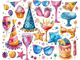 Set of New Year's party costume watercolor illustration. AI generated
