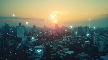 Cityscape with Wifi Signals at Sunset