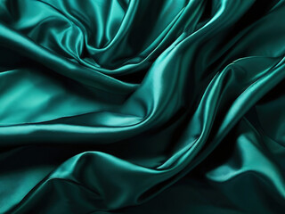 Fototapeta premium Smooth teal satin fabric with soft folds and gentle curves.