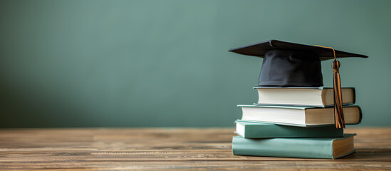 Education banner with black graduation cap and stack of books on wooden desk agains calm green backdrop with copyspace