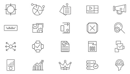 Digital marketing line icon set. Management, SEO, target, ad, analytics, content, website, social media, sales outline icon collection. UI thin line icon pack.