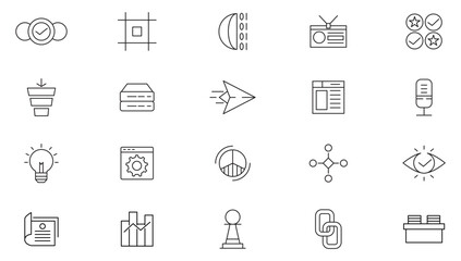 Digital marketing line icon set. Management, SEO, target, ad, analytics, content, website, social media, sales outline icon collection. UI thin line icon pack.