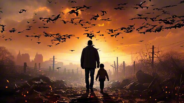 A man and a child walk through an abandoned area as a flock of birds circles above them