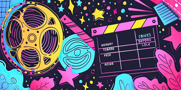 Film reel, clapperboard, stars, abstract shapes.