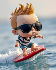 Obraz premium kid surfing wearing sunglasses cool guy chibi kawaii character