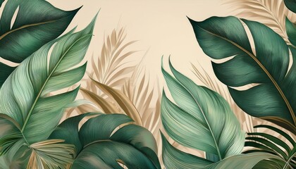 A digital illustration of green tropical leaves on a light beige background