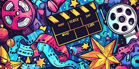 Fototapeta premium Colorful movie themed doodle art.