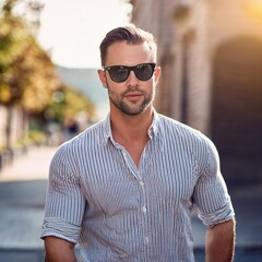 A man wearing sunglasses and a striped shirt, standing outdoors