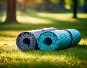 A close-up of two rolled up yoga mats on a grassy lawn in a park setting
