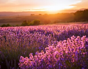A field of lavender flowers in full bloom, bathed in the warm glow of the setting sun