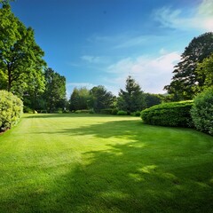A manicured green lawn surrounded by trees and bushes on a bright summer day.