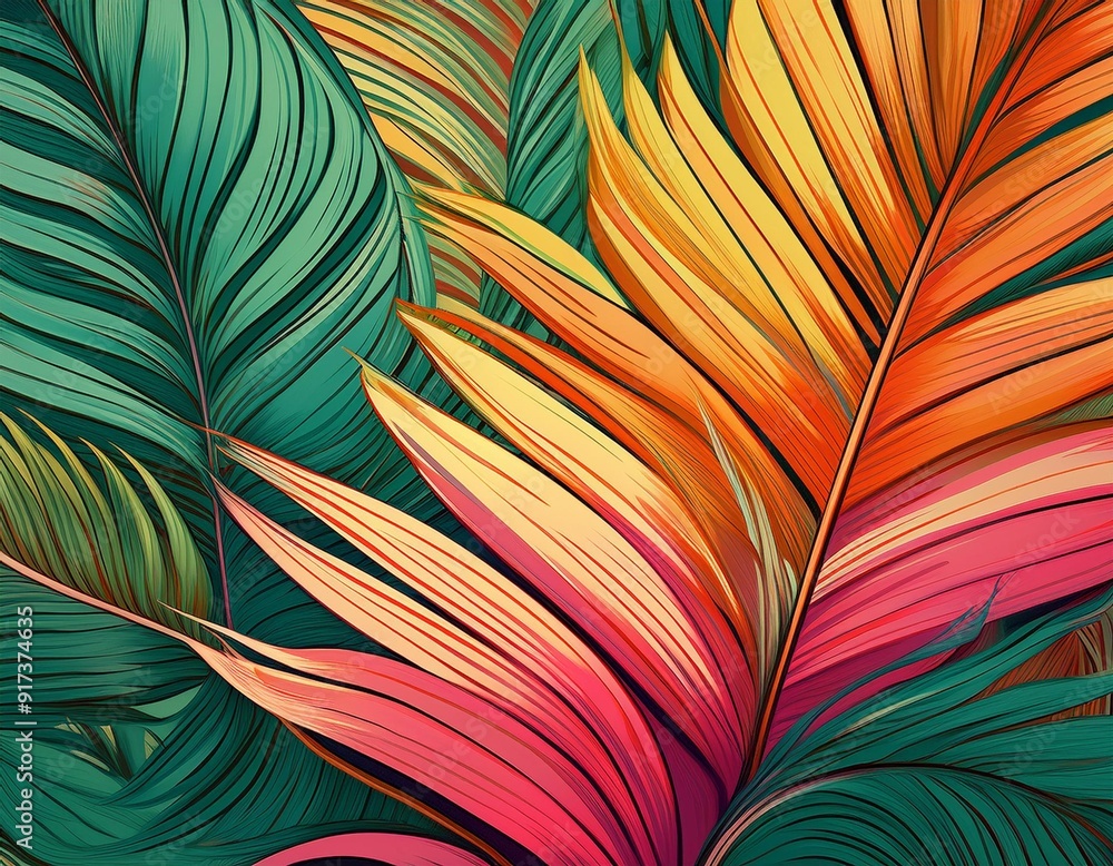 Wall mural A vibrant illustration of tropical palm leaves in various shades of green, yellow, orange, and pink