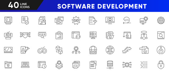 Software development line icon set. Cloud computing, programmer, website, data, bugs, appraisal, feedback, evaluation, goals, metrics, KPI outline icon collection. UI thin line icon pack. 