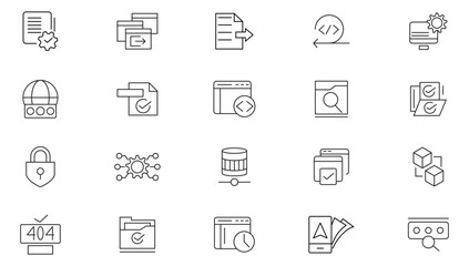 Software development line icon set. Cloud computing, programmer, website, data, bugs, appraisal, feedback, evaluation, goals, metrics, KPI outline icon collection. UI thin line icon pack. 