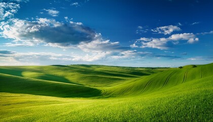Fototapeta premium A green field with rolling hills under a blue sky with some clouds
