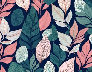 A seamless pattern of pink, green, and white leaves on a navy blue background