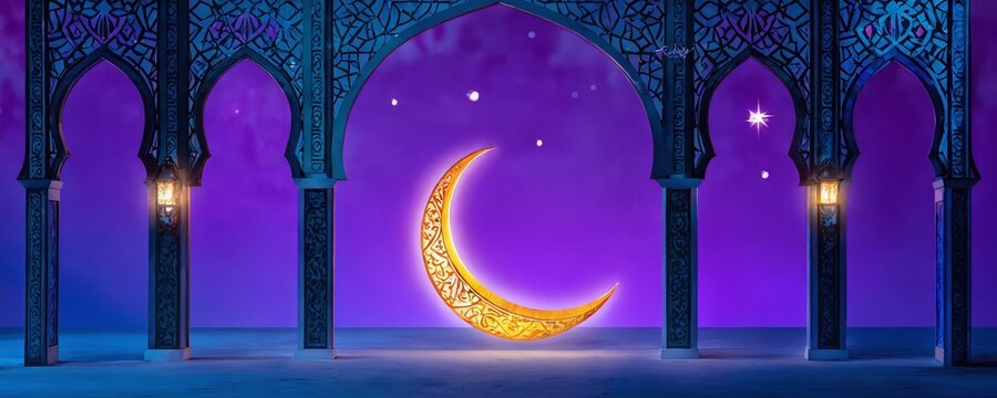 Golden crescent moon illuminated under ornate archways in enchanted twilight setting