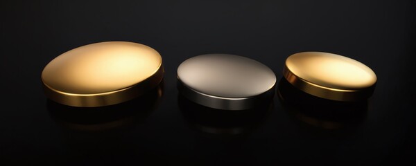 Three distinct metallic discs displayed on a dark surface under soft lighting