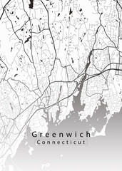 Minimalist white map of Greenwich, Connecticut – A modern map print highlighting infrastructure of the city, useful for tourism purposes
