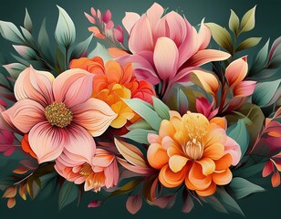 A digital illustration of a bouquet of flowers featuring pink, orange, and yellow blooms with green leaves