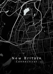 Minimalist black map of New Britain, Connecticut – A modern map print highlighting infrastructure of the city, useful for tourism purposes
