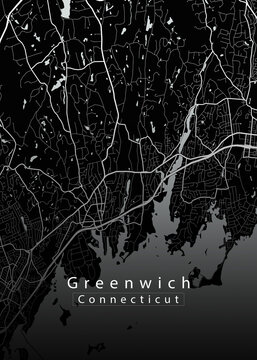 Minimalist black map of Greenwich, Connecticut &ndash; A modern map print highlighting infrastructure of the city, useful for tourism purposes
