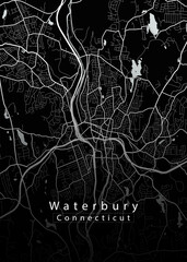 Minimalist black map of Waterbury, Connecticut – A modern map print highlighting infrastructure of the city, useful for tourism purposes
