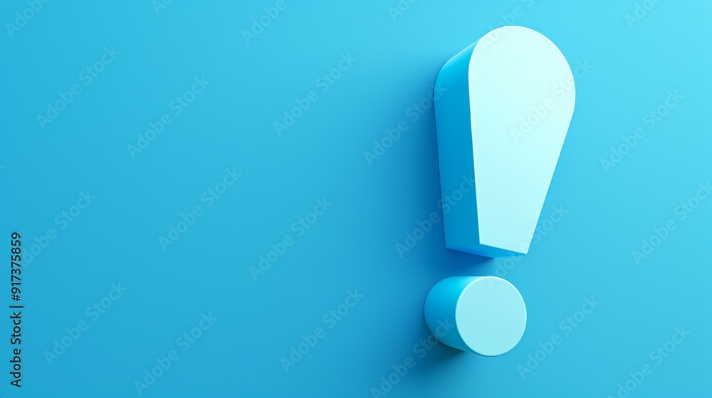 Poster minimalist 3d blue exclamation mark on light blue background with ample copy space for text