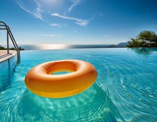 Obraz premium An inflatable ring drifts on the surface of a pool of clear water under the sunny sky
