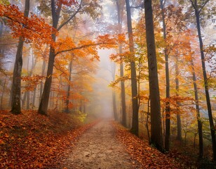 Obraz premium A dirt path winds through a dense forest, shrouded in a misty fog. Tall trees with vibrant orange leaves line the path, creating a scenic autumn scene