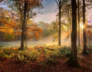 Obraz premium A serene autumn morning in the forest, with mist rolling through the trees
