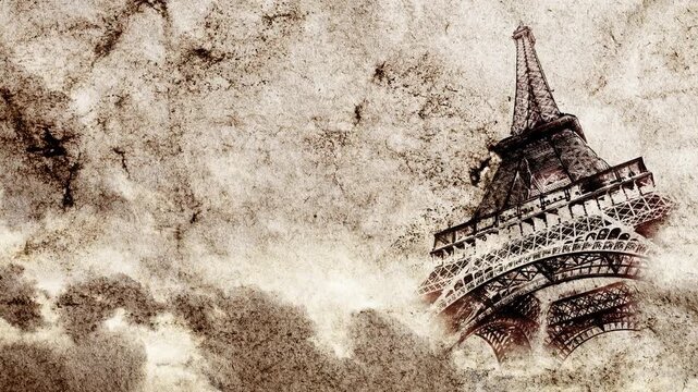 Eiffel Tower in Paris smoothly appears on old, grunge paper with time lapse of sky with clouds. Creative, combined 3D 4K parallax video of high quality. Template for a postcard or historical video.