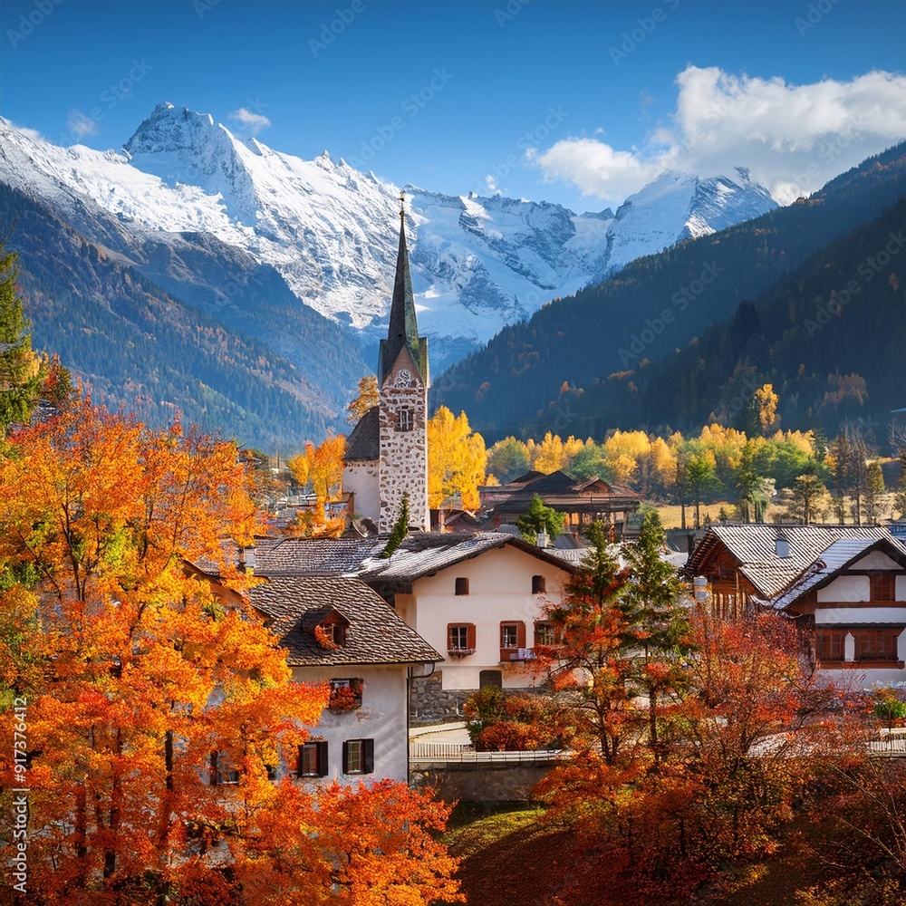 Wall mural A scenic view of a charming European town nestled beneath snow-capped mountains, with a mix of traditional architecture and autumn foliage